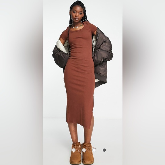 Cotton On ribbed short sleeve tee MIDI Dress in color Vintage Brown - Size M - Picture 3 of 14